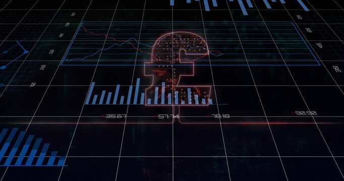 Grid matrix emerging launching holographic pound symbol fading with charts animating to show data