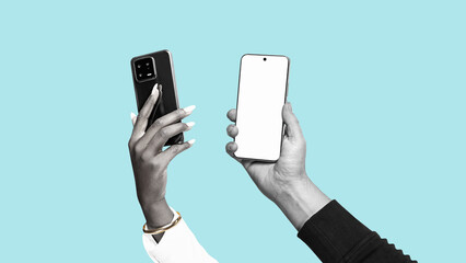 Young woman and man taking photos with modern smartphone. Contemporary flat design art collage