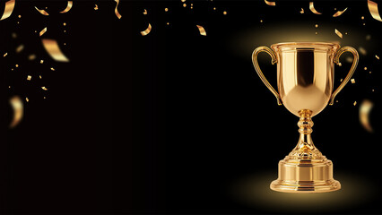 Golden winner’s cup with falling confetti on a black background, space for text. Elegant template for awards ceremony, celebration of success and achievement