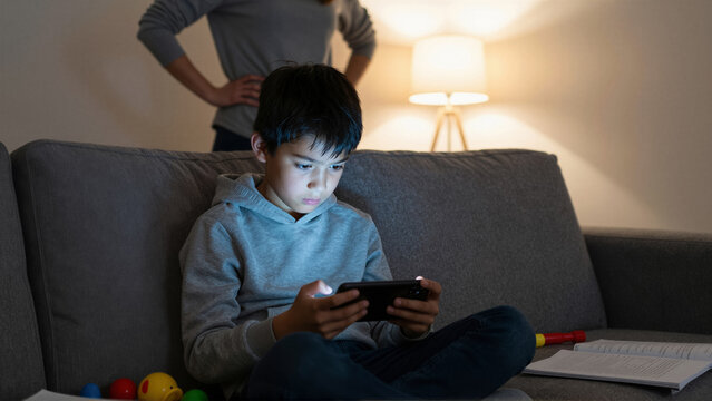 Young boy immersed in smartphone screen time on a sofa. A concerned parent observes, highlighting digital addiction and technology impact on family life