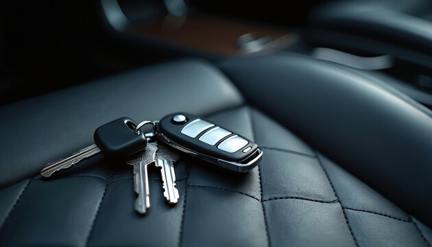 Car keys and remote fob sit on quilted black leather inside a modern vehicle. Luxurious interior hints at comfort and advanced tech. Perfect for automotive, travel, or lifestyle content.