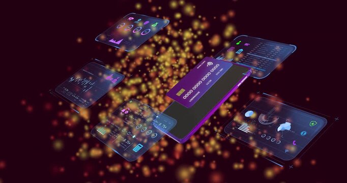 Golden sparks appearing, sparking central phone orbiting panels, card sliding, showing mobile link