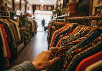 Obraz premium Woman hand searching for garment on rack in vintage clothing store. Customer browsing apparel in retro boutique. Retail fashion industry, sustainable shopping and secondhand style concept.