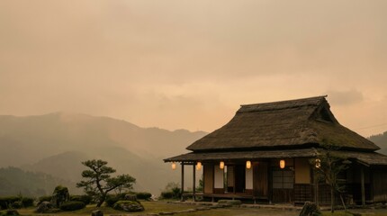 Obraz premium Serene Japanese Traditional House Against Mountainous Landscape at Dusk