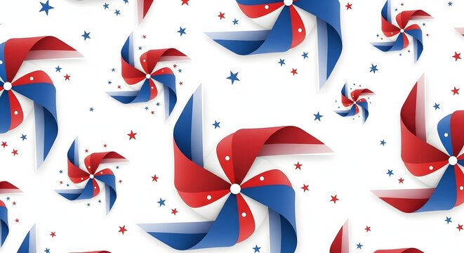 Red, white, and blue pinwheels with stars on a white background for 4th of july celebrations