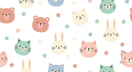 Obraz premium Cute Kawaii Animals Seamless Pattern, Vector Flat Style, Children's Background