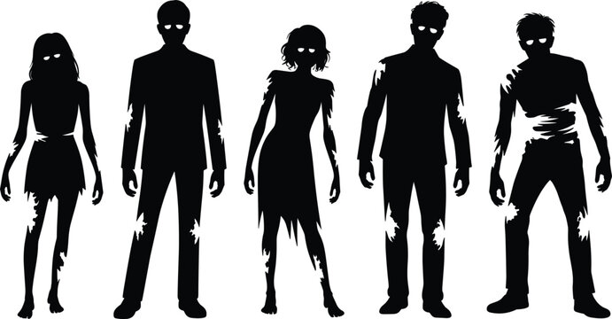 Zombie Silhouettes in Different Poses with Torn Clothes and Creepy Features for Horror and Halloween Designs
