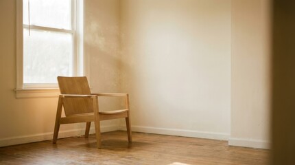 Fototapeta premium Minimalist Chair in Empty Room with Natural Light and Soft Colors