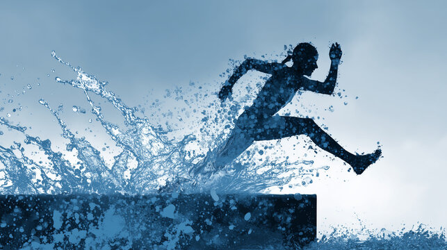 A steeplechase runner jumping over a water barrier with splashes flying