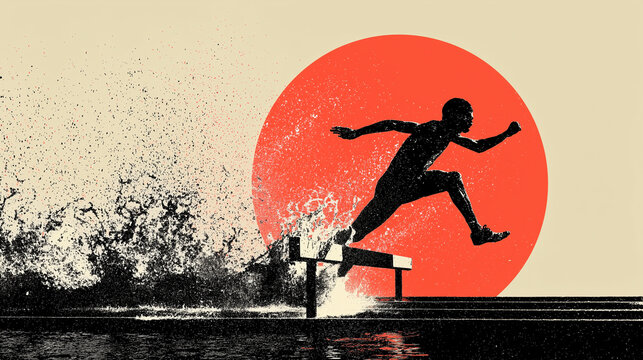 A steeplechase runner jumping over a water barrier with splashes flying