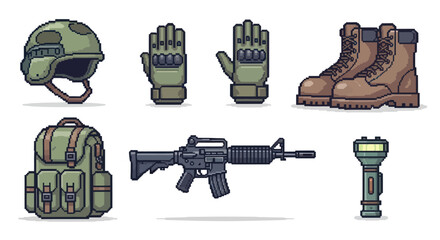 Fototapeta premium Pixel Art Military Gear Set: Helmet, Backpack, Gun, Boots, Gloves, Flashlight