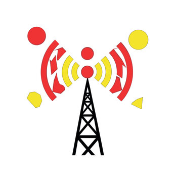 abstract radio transforming into geometric art composition, black and white radio morphing into circles and rectangles, structured layout with bold red and