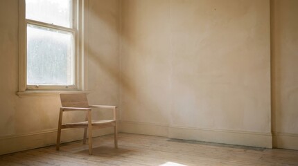 Fototapeta premium Empty Room with Wooden Chair and Natural Light Streaming In