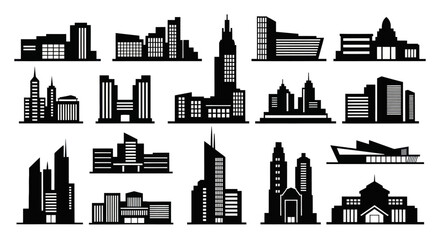 Fototapeta premium Black and White Cityscape Icons: Modern Architecture Silhouettes