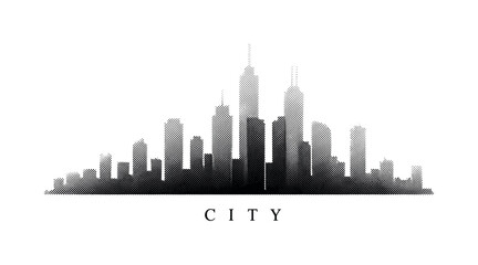 Obraz premium A simplified city skyline silhouette with varied building heights and ?city? subtly engraved along the base, black and white halftone illustration, strong dot