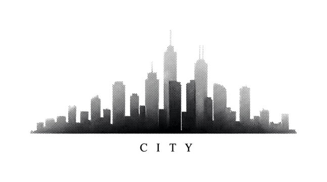 A simplified city skyline silhouette with varied building heights and ?city? subtly engraved along the base, black and white halftone illustration, strong dot