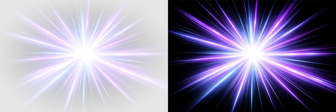 Radiant purple blue starburst glow sparkle light rays explosion effect png overlay element, on transparent background