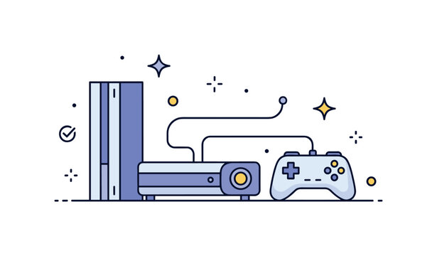 Gaming setup illustration with a console, controller, and small decorative spark elements expressing excitement, leisure, and interactive fun. Minimalist flat