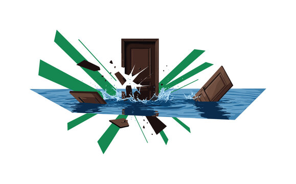 fragmented door breaking through water surface, green geometric shapes and sharp lines slicing through composition, flat colors and strong contrast, conceptual