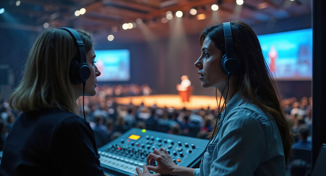Two women wearing headphones work with audio mixer. They listen, adjust sound at large conference event. One woman speaks to other about sound levels for presentation. Technical team in control booth.