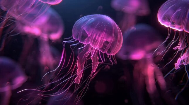Abstract Neon Jellyfish Swarm Minimalist Dark Background Motion Design