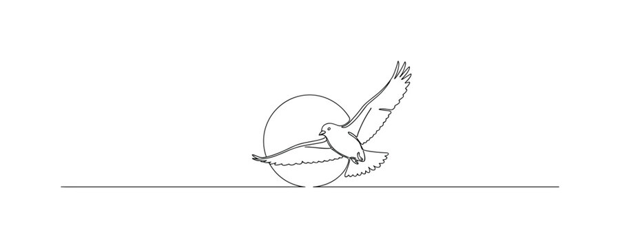Bright Horizon. Minimalistic one-line drawing a bird flying across a sun with a subtle horizon line, continuous single black line on white background, simple