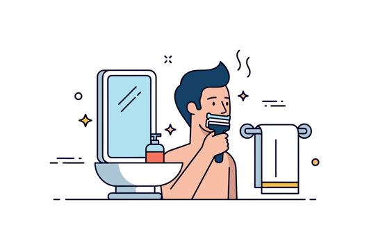 Bathroom grooming scene showing a person shaving with a mirror, towel, and subtle steam accents conveying cleanliness, comfort, and routine self