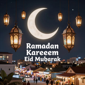 Kawaii Eid Wishes. Wishing Ramadan Kareem Eid Mubarak With Lanterns And A Crescent Moon. (Islamic Greeting)