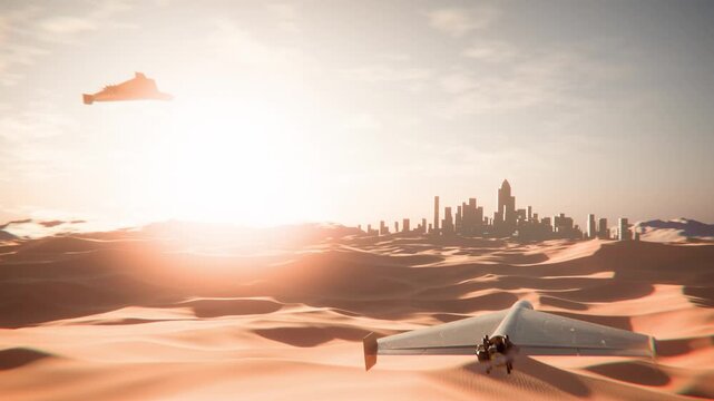 Military Kamikaze Drones Approaching Desert City at Sunset &ndash; Concept of Modern Conflict and Threat