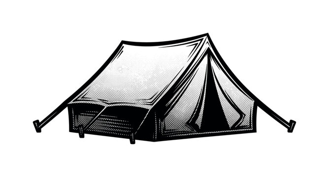 A stylized tent silhouette with bold engraved edges and halftone dot shading, black and white editorial illustration, vintage newspaper aesthetic, high