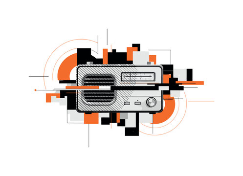 retro broadcast control system with abstract geometry, monochrome knobs and panels combined with bold orange and black blocks, semicircles and diagonal lines