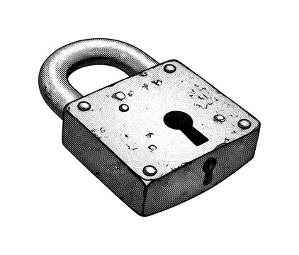 A weathered iron padlock with rough texture and classic mechanical form, slightly angled as a single object, black and white halftone illustration, dense dot