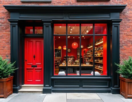 Red door and window display of shop interior. Brick building facade with black trim. Potted plants flank stone stpic leading to entrance. Retail storefront exterior.