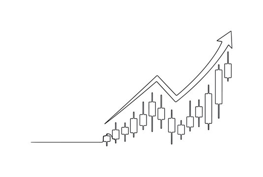 Market Growth Idea. Minimalistic one-line drawing candlestick chart pattern with upward arrow accent, continuous single black line on white background, simple