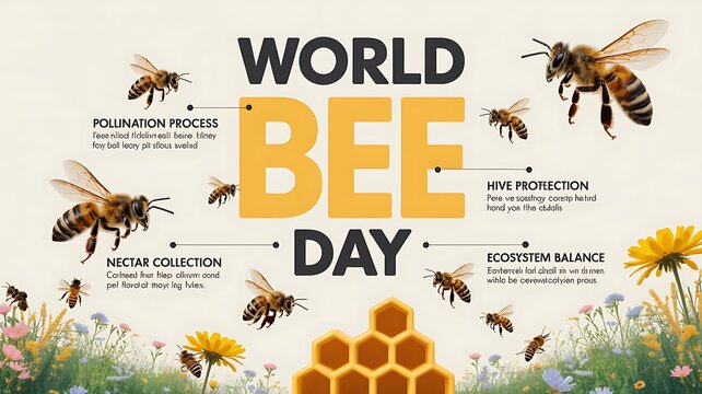 World bee day graphic with bees, honeycomb, and flowers, illustrating pollination and ecosystem importance