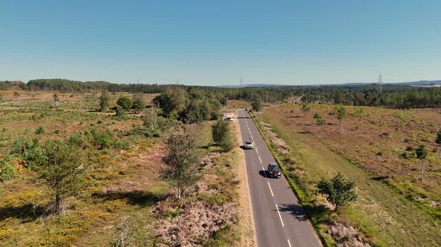 Wareham Forest Dorset drone footage of road through the heathland of Wareham Forest on sunny Summer day with cloudless blue sky