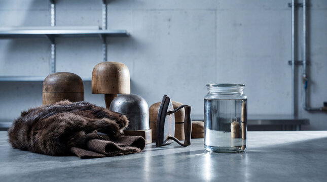Vintage Hat-Making Tools and Fur with Mercury Container in Studio Setting