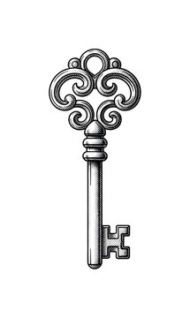 An antique skeleton key rendered in black ink engraving style with fine linear detailing, isolated in minimal composition, black and white halftone