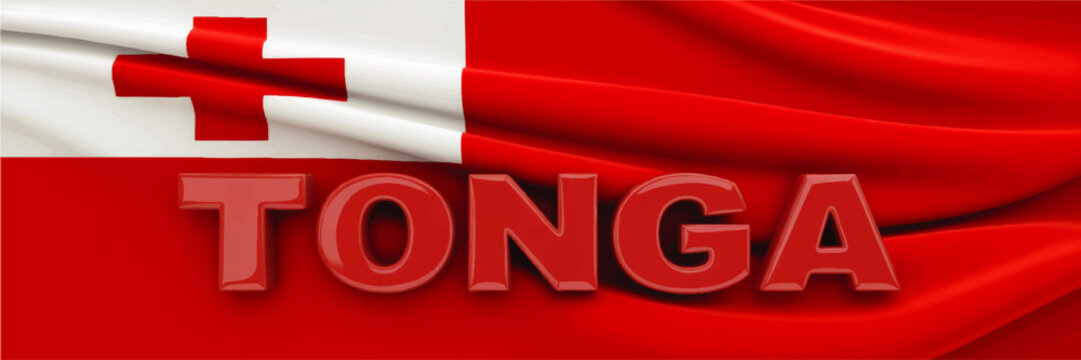 Tonga national flag with glossy 3D Tonga text on waving red and white fabric background, patriotic Pacific island banner design