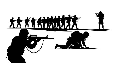 Fototapeta premium Black White Silhouette Soldiers in Combat, Military Vector Art