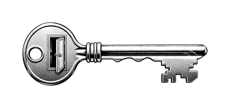 A symbolic skeleton key with elongated shaft and aged engraving suggesting access to a hidden door, isolated in minimal composition, black and white halftone