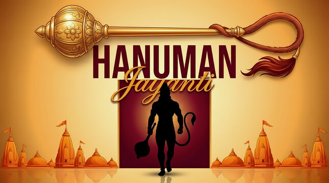 Golden Gada with Lord Hanuman silhouette in temple gateway banner