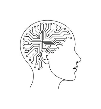 Machine Learning with Algorithms. Minimalistic one-line drawing brain outline connected to simple flowchart algorithm blocks, continuous single black line on
