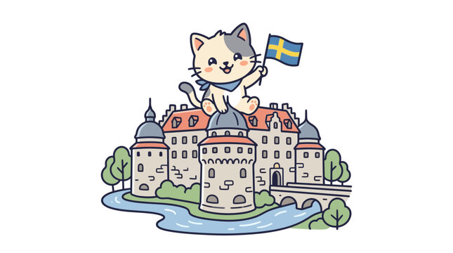 Cute Cat Holding Swedish Flag on Castle