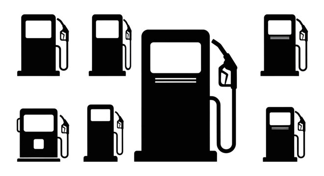 Black  White Icons of Gas Station Pumps, Automotive Industry Vector Art