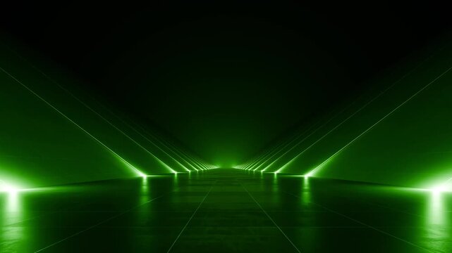 Seamless loop of futuristic green neon light corridor tunnel background in dark space. 3D animation	
