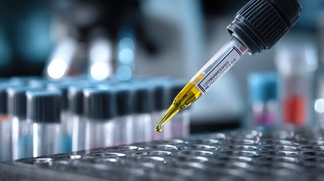 Closeup on plasma sample being pipetted into a labeled microtube highlighting the main tube in sharp focus with blurred lab surroundings.