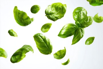 Obraz premium Fresh green basil leaves floating in air.
