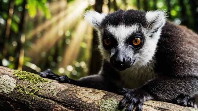 Ring-tailed lemur resting on a log in a lush green forest with rays of sunlight shining through