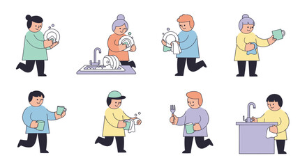 Fototapeta premium Flat vector illustration of diverse people washing dishes, domestic chores
